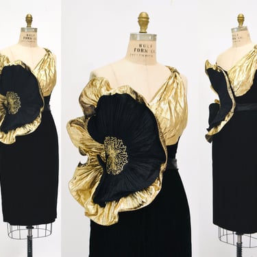 80s 90s Prom Dress Metallic Gold Black Sequin Ruffle Flower Party Dress Small Medium // Vintage 80s Ruffle Dress Small Medium Gold Black 