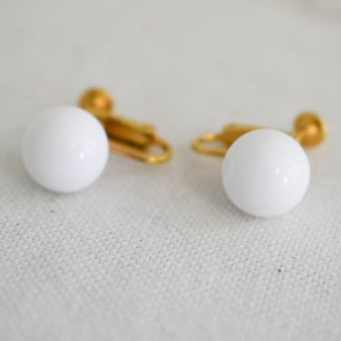 1960s Marvella White Ball Clip Earrings 