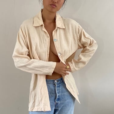 90s linen over shirt  blouse / vintage butter cream ivory linen oversized over shirt blouse tunic | XL Extra Large 