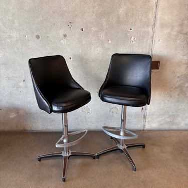 Pair of Vintage Mid Century Modern Black Leather Chrome Craft Barstools