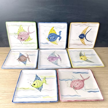8 faience square pottery luncheon plates with handpainted fish - vintage from Norway 