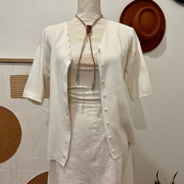 Vintage 90s White Cotton Knit Scallop Collar Button Front Short Sleeve Top 