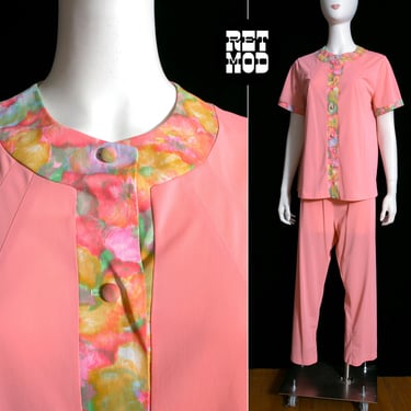 So Cute Vintage 60s 70s Bright Light Coral Peach Nylon Pajama Set with Flower Power Trim 