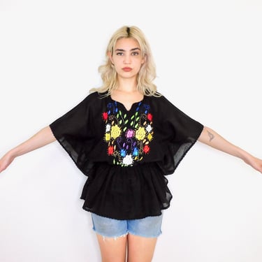 Mexican Blouse // vintage cotton hippie hand embroidered hippy dress black 70s 1970s 1970's 70's floral rainbow// O/S 