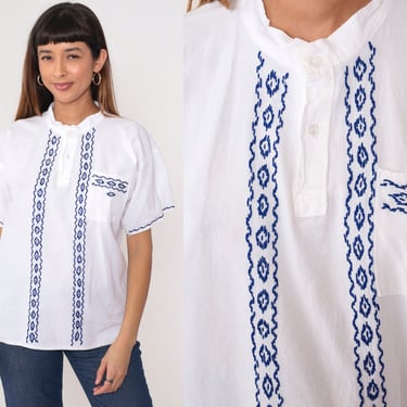 White Tunic Top Embroidered Aztec Button Up Blouse 90s Hippie Shirt Bohemian Blue Festival Boho Top 1990s Henley Short Sleeve Medium 