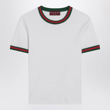 Gucci White Ribbed T-Shirt With Web Ribbon Women