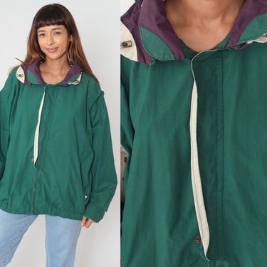 Green Hooded Windbreaker 90s Zip Snap Up Jacket Hoodie Basic Plain Simple Retro Streetwear Coat Hood Purple Vintage 1990s Extra Large xl 