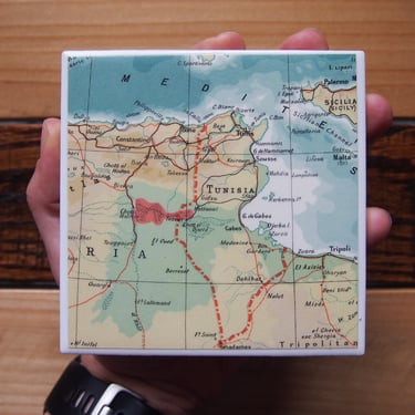 1963 Tunisia Map Coaster. Africa Map. Vintage Tunisia Gift. Africa Decor. North Africa. World Travel Gift. Mediterranean Decor. Tunisian. 