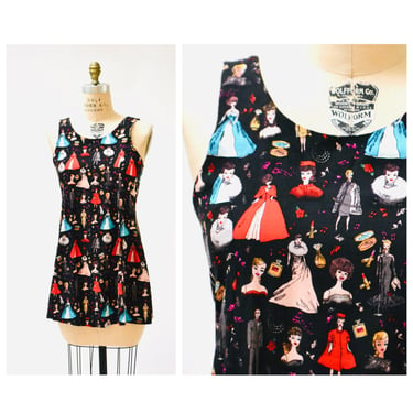 90s BARBIE Print Tank Dress by Nicole Miller Size XS Small // Vintage Barbie Doll Print Mini Cami Girls Dress Tunic 90s Pop Art Fashion 