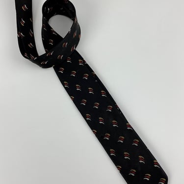Early 1960's Tie - Black with White, Red & Beige Patterned Squiggles - Acetate Fabric Woven in France - Narrow Width 