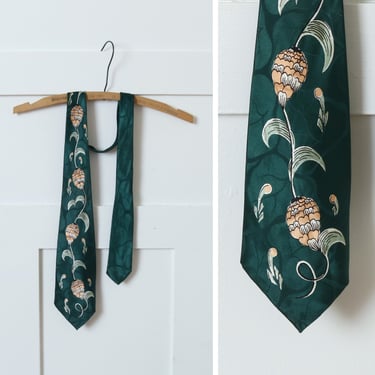 vintage 1950s dark forest green necktie • abstract flower print jacquard wide tie 