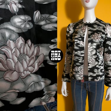 Beautiful Vintage 70s Black & Gray Lily Pad Novelty Print Satin Jacket Top by Mr. Aref 