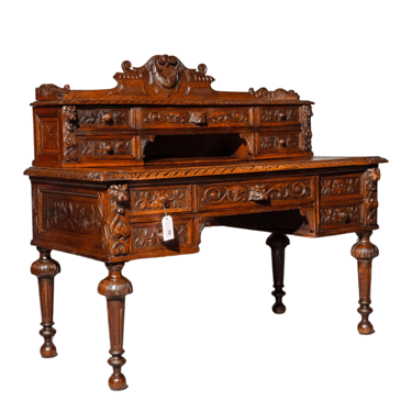 Antique Desk, Henri II Style Carved Oak Desk with Pull Out,Dark Wood Tone, 1800s