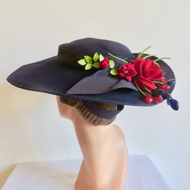 1940's Navy Blue Felt Wide Brim Hat Red Roses and Cherries Trim Rockabilly Formal Portrait Picture Royal Hats California Size 22.5 