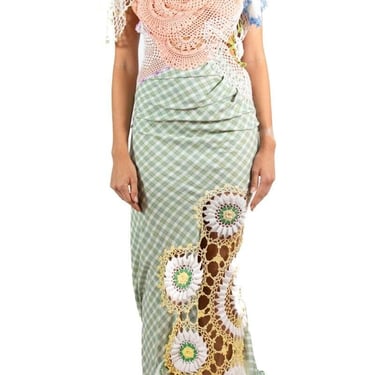 Morphew Atelier Mint Green Bias Cut Cotton Gingham  Crochet Lace Gown 