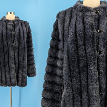 Vintage 80s Ethel Pear for One Up Faux Fur Coat - Eighties XL Blue Fake Fur Jacket 