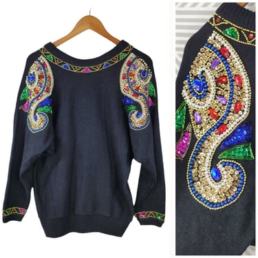 Vintage 80/90s Sequin Sweater Size Medium Metallic Embroidered Granny Black 