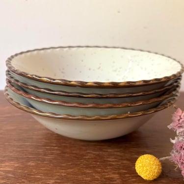 Vintage Otagiri Japan Brown Trim Speckled Stoneware Bowls | Embossed Rim | Soup Cereal Salad | MCM Rustic Farmhouse Dining Table | Set of 4 