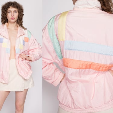 80s Pastel Pink Color Block Windbreaker - Large | Retro Vintage Zip Up Streetwear Track Jacket 