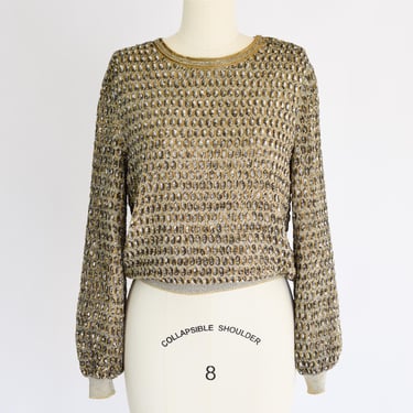 Vintage 1970s Heavily Beaded Blouse for Neiman Marcus | S-M | 70s Bead and Sequined Silk Top | Metallic Colors | Gold Silver 