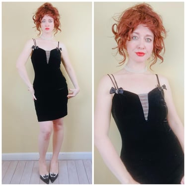 1980s Vintage Joara Mode Spandex Velvet Mini Dress / 80s Rhinestone Bow Trim Body Con / Size Small - Medium 