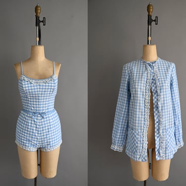 vintage 1950s Swimsuit | 2pc Jantzen Blue Gingham Swimsuit & Cover Up | Small 