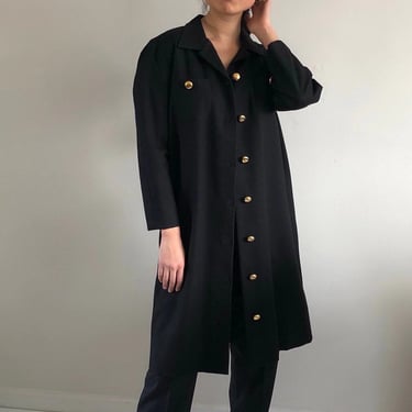 80s wool shirt dress duster / vintage black wool brass gumdrop button front coat dress duster blazer dress | L 