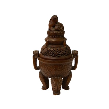 Chinese Oriental Wood Pixiu Incense Burner Ding Shape Display Art ws2162E 