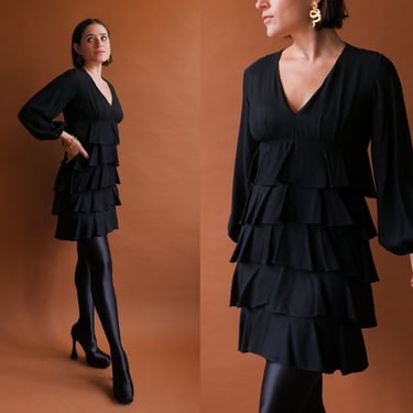 Vintage 60s Young Edwardian Tiered Black Mini Dress/ 1960s Mod Bishop Sleeve Party Dress/ Size XS 