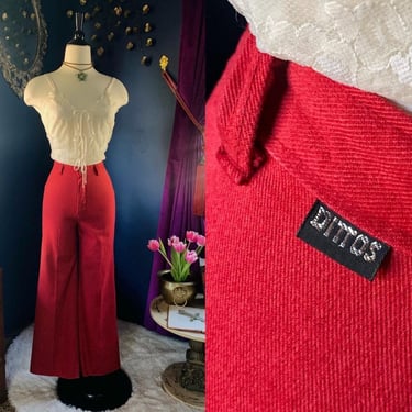 1970s DITTOS Wide Leg Pants / Vintage Bright Red High Waisted Jeans / Bell Bottoms / Raw Hem / Women's Size 23 - 24 inch Waist 