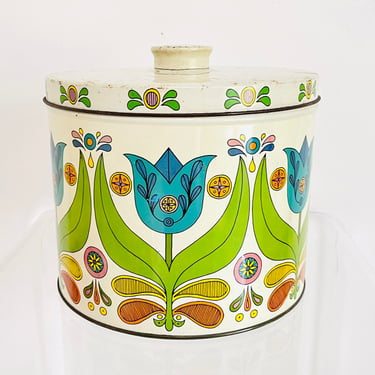 Vintage  1970s Retro Blue Tulip Flower Metal Tin Canister Bisquick Flour Baking Recipes Biscuits Cake Muffins Waffles 
