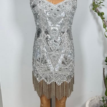 Vintage Silver Fringe Flapper Dress Oleg Cassini | 1920s Sequin Beaded Mini | Great Gatsby Inspired Party Dress | Cocktail Dress 