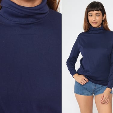 Navy Blue Turtleneck Shirt 90s Skyr Long Sleeve Shirt Pullover Top Retro Turtle Neck Simple Plain Cotton Vintage 1990s Medium 