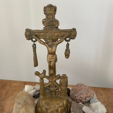 Vintage Metal Crucifix Statue, Jesus On The Cross, Possible Insense Burner, Could Be Italian, Pot Metal In Brass Tone 