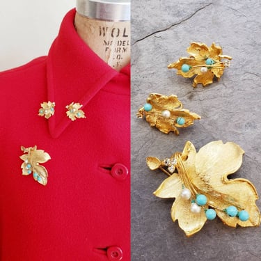 1950s Golden Leaves Demi Parure Brooch + Earrings Set / 50s Clips Clip-Ons + Pin Gold Leaf Turquoise Rhinestone Faux Pearl Beads /Almah 