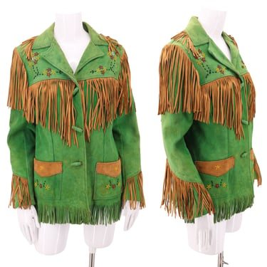 50s CHRIS LINE Originals womens green suede western fringe jacket M-L / vintage 1950s cowgirl beaded vibrant fringed jacket 40s 