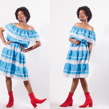 Blue Mexican Boho Tiered Off the Shoulder Midi Dress - Small to Large 