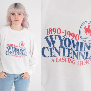Wyoming Centennial Sweatshirt -- 1990 Worn Thin Crewneck Tourist 90s Sweatshirt Graphic Sweatshirt Vintage Raglan Sleeve 1990s Medium Large 