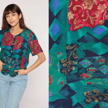 Statement Blouse 90s Abstract Floral Print Button up Top Short Sleeve Shirt Retro Geometric Summer Red Blue Green Vintage 1990s Rayon Small 