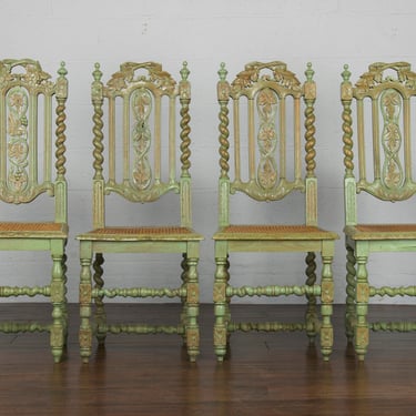 Antique French Renaissance Painted in Green Oak Barley Twist Cane Dining Chairs - Set of 4 