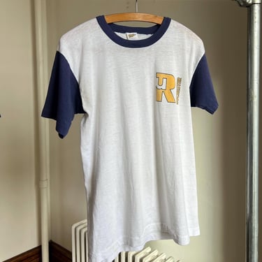 80’s vintage paper thin white, blue and yellow University of Rochester graphic single stitch tee 