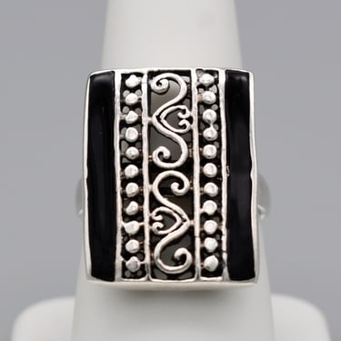80's 925 silver black onyx CFJ Sharon Evans size 8.25 shield ring, Byzantine style sterling statement 