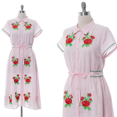 Vintage 1950s Style Shirt Dress | Modern Linen Red Rose Floral Embroidered Light Pink Button Up Fit and Flare Midi Day Dress (large/x-large) 