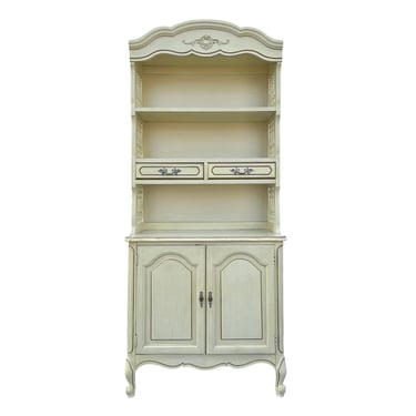 French Provincial Hutch Cabinet by Henry Link - 1970s 2pc Vintage Beige Nightstand Chest and Bookcase Top French Farmhouse Shabby Chic Set 