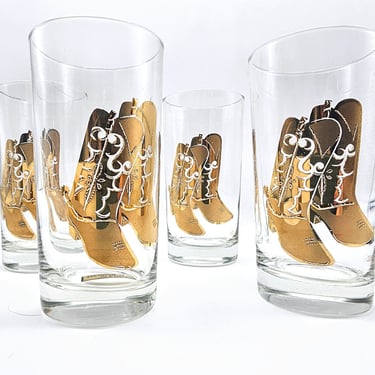 Vintage Culver Cowboy Boot Glasses (4). 22k Gold Cocktail Glasses New in Box. Culver Laredo Highball Glasses 