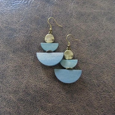Wooden earrings, blue and bronze geometric dangle earrings, mid century modern earrings 