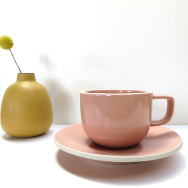 Vintage Sasaki Colorstone Cup and Saucer In Coral Pink, Massimo Vignelli Post Modern Cup And Saucer 