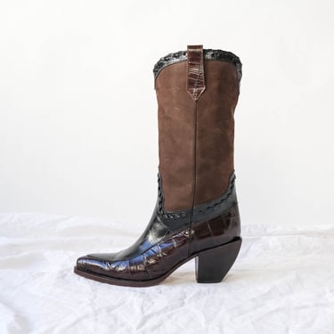 Vintage 90s Donald J Pliner Western Couture Dark Brown Crocodile & Suede Western Boots | Made in Italy | Size 8.5 | 1990s Designer Boots 