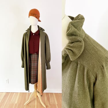 SIZE M/L 1930s Green Wool Lightweight Coat - Olive Long Swing Coat - 30s Maxi Coat - Ankle Length Warm Light Weight 