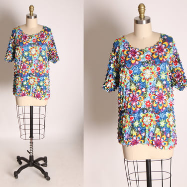 1990s Multi-Colored Flower Power Floral Short Sleeved Popcorn Shirt Blouse 